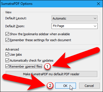 Параметр «Remember opened files» в Sumatra PDF