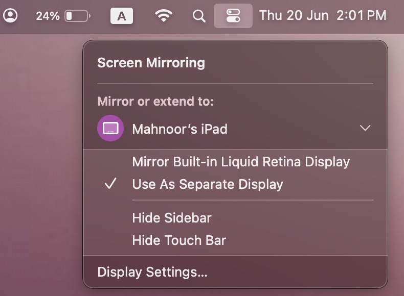 Параметр «Screen Mirroring» в Control Center macOS