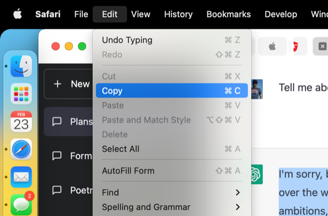 Копирование ответа ChatGPT в браузере Safari