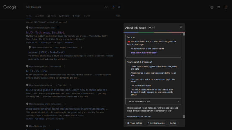 Окно 'О результате' в Google с информацией о дате первой индексации