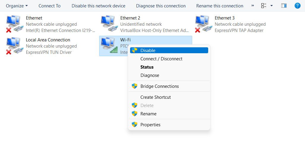 Отключение сетевого адаптера в списке