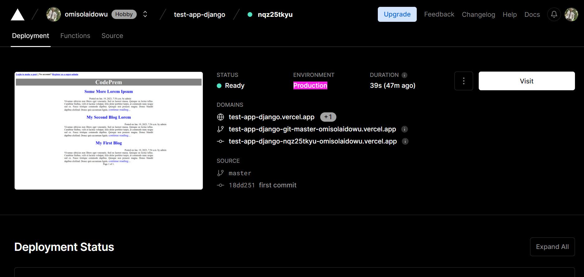 App deployment dashboard on Vercel