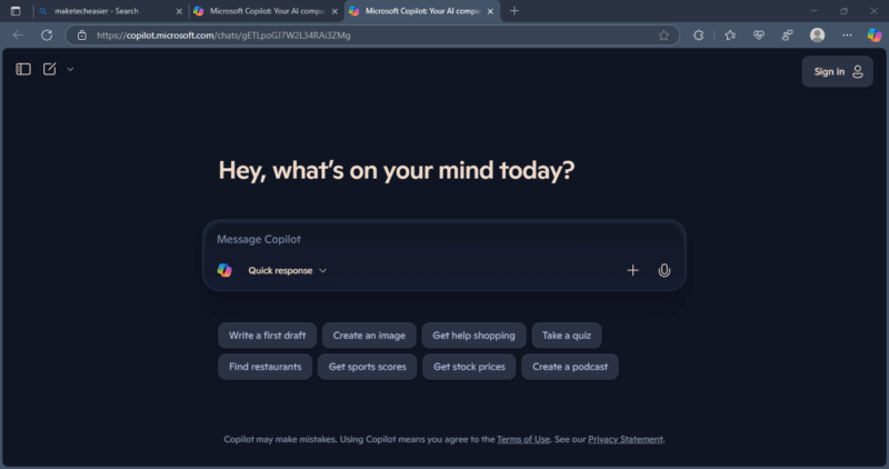 Copilot de Microsoft Edge sur une page Nouvel onglet