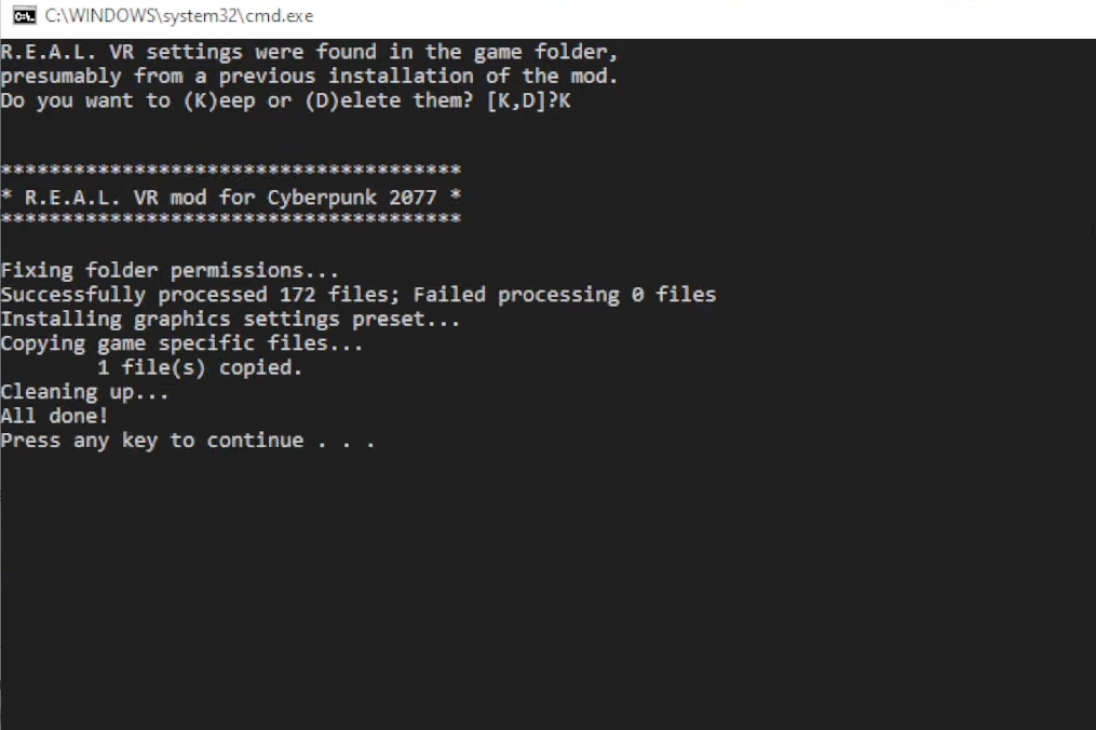 Запустите RealConfig.bat для настройки мода R.E.A.L VR для Cyberpunk 2077