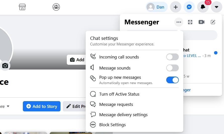 Окно настроек Messenger на сайте с опциями отключения статуса активности