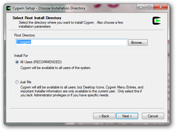 Выбор каталога установки Cygwin