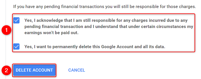 Отметьте оба подтверждающих поля и нажмите «Удалить аккаунт».