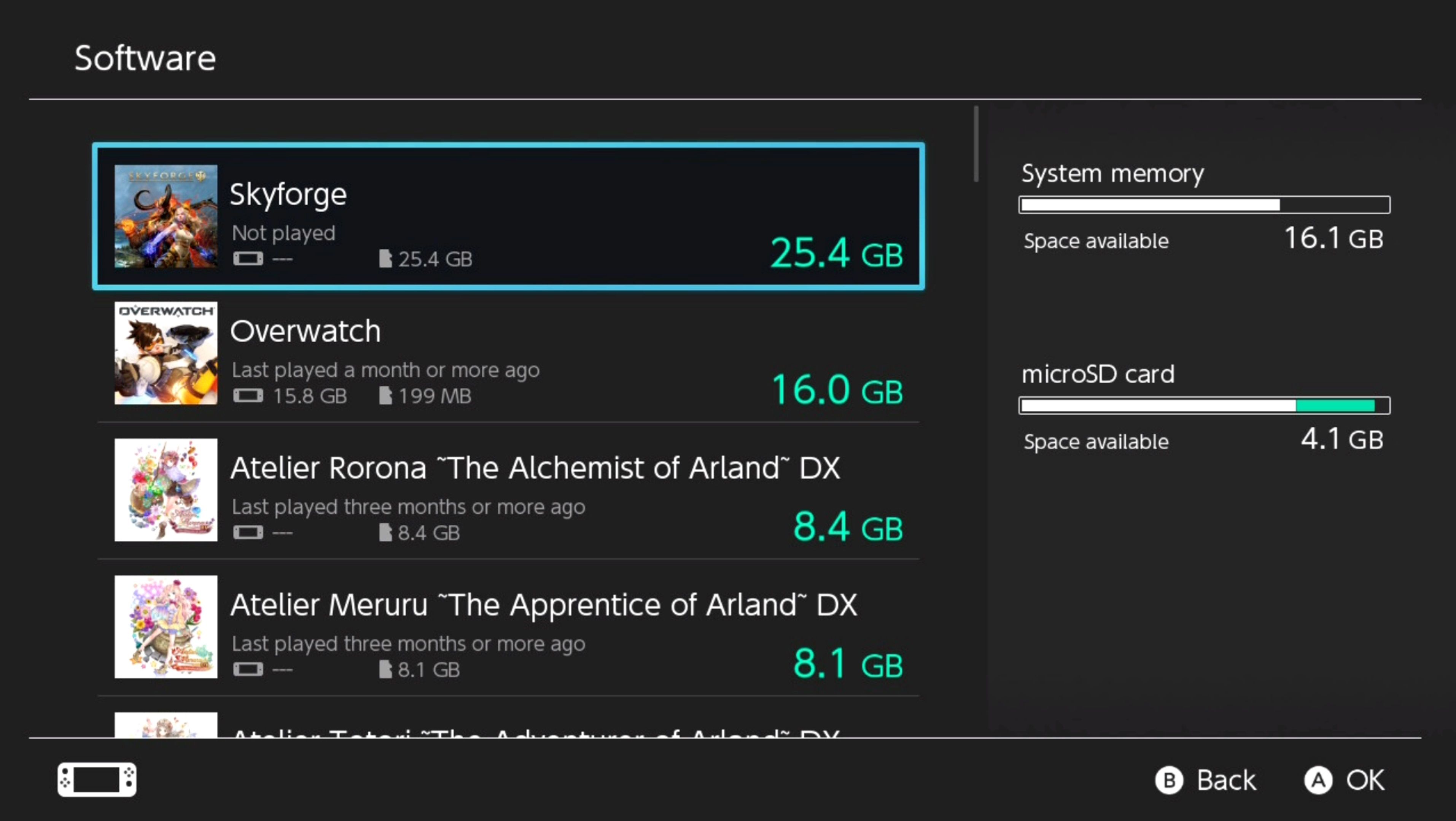 Выбор игры для архивации на Nintendo Switch