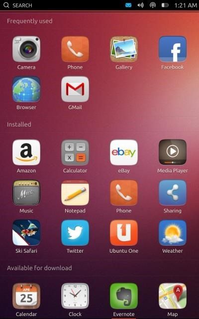 Предварительный экран Ubuntu Touch с набором приложений