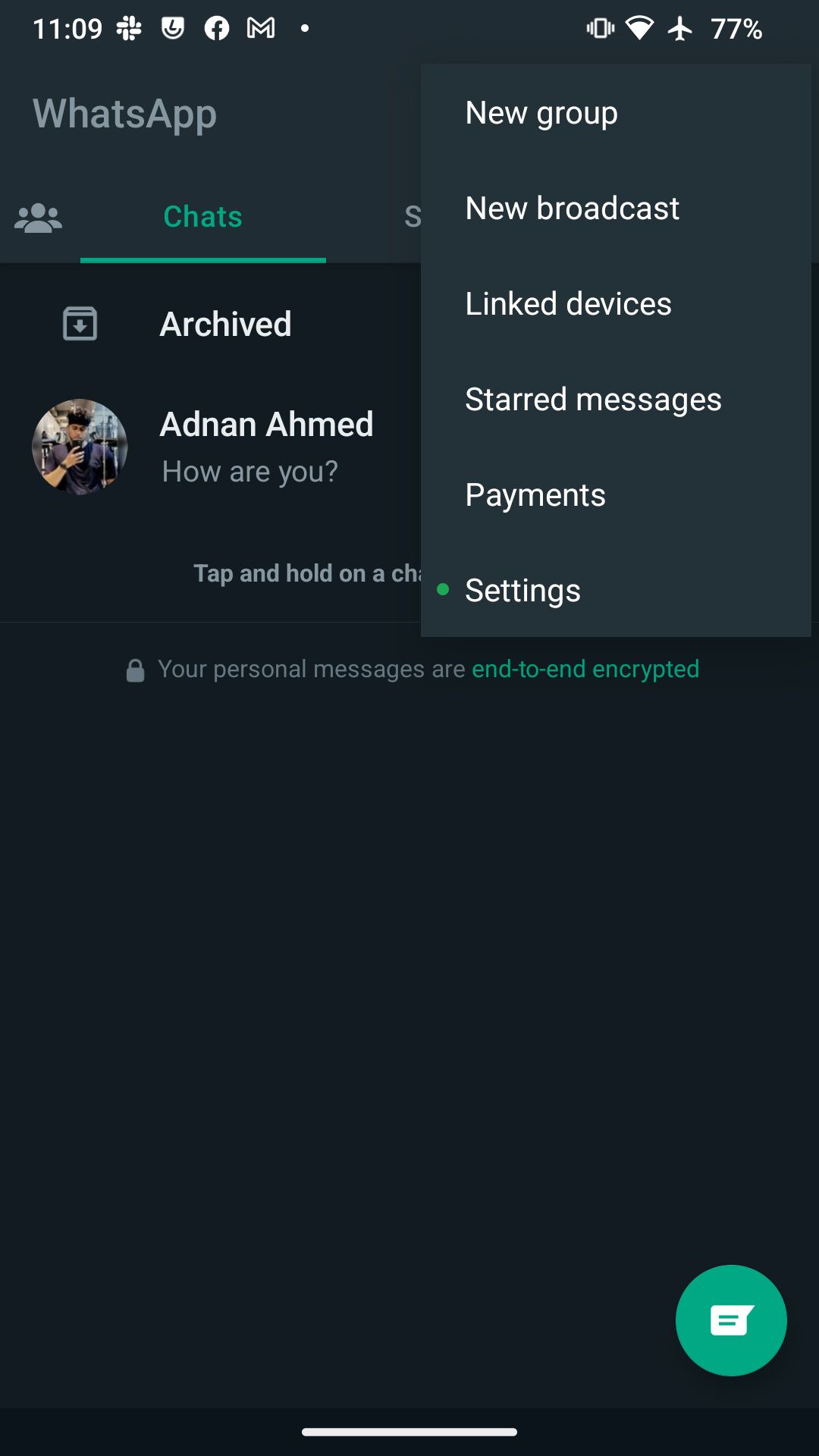 Меню настроек WhatsApp на Android