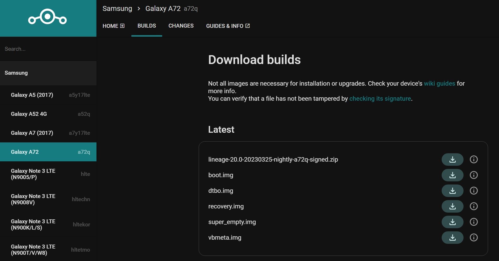 samsung galaxy a72 lineageos downloads website