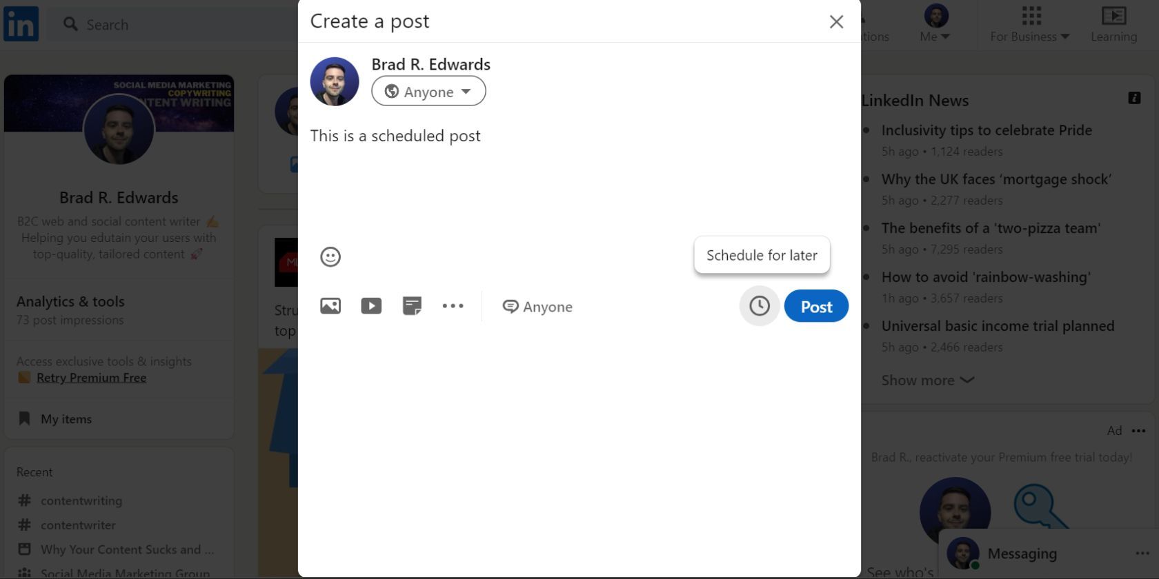 The LinkedIn composer with the schedule option highlighted