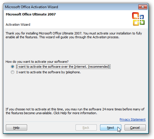 Окно активации Office 2007 с подсказкой входа
