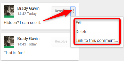Меню дополнительных действий комментария (три точки)