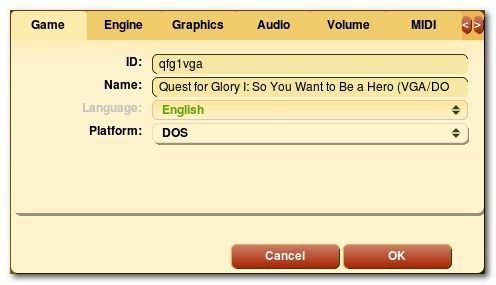 Окно настроек игры в ScummVM: выбор движка и аудио-опций