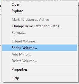 Сжатие тома для создания нового раздела