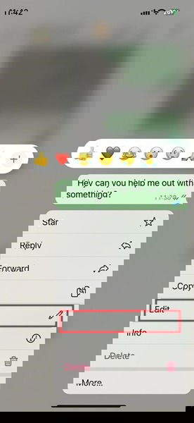 Контекстное меню редактирования сообщения в WhatsApp на iPhone.