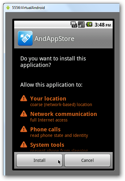 Экран установки приложений внутри эмулятора