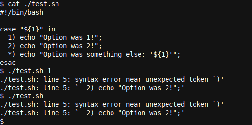 Неправильное завершение блока в case … esac