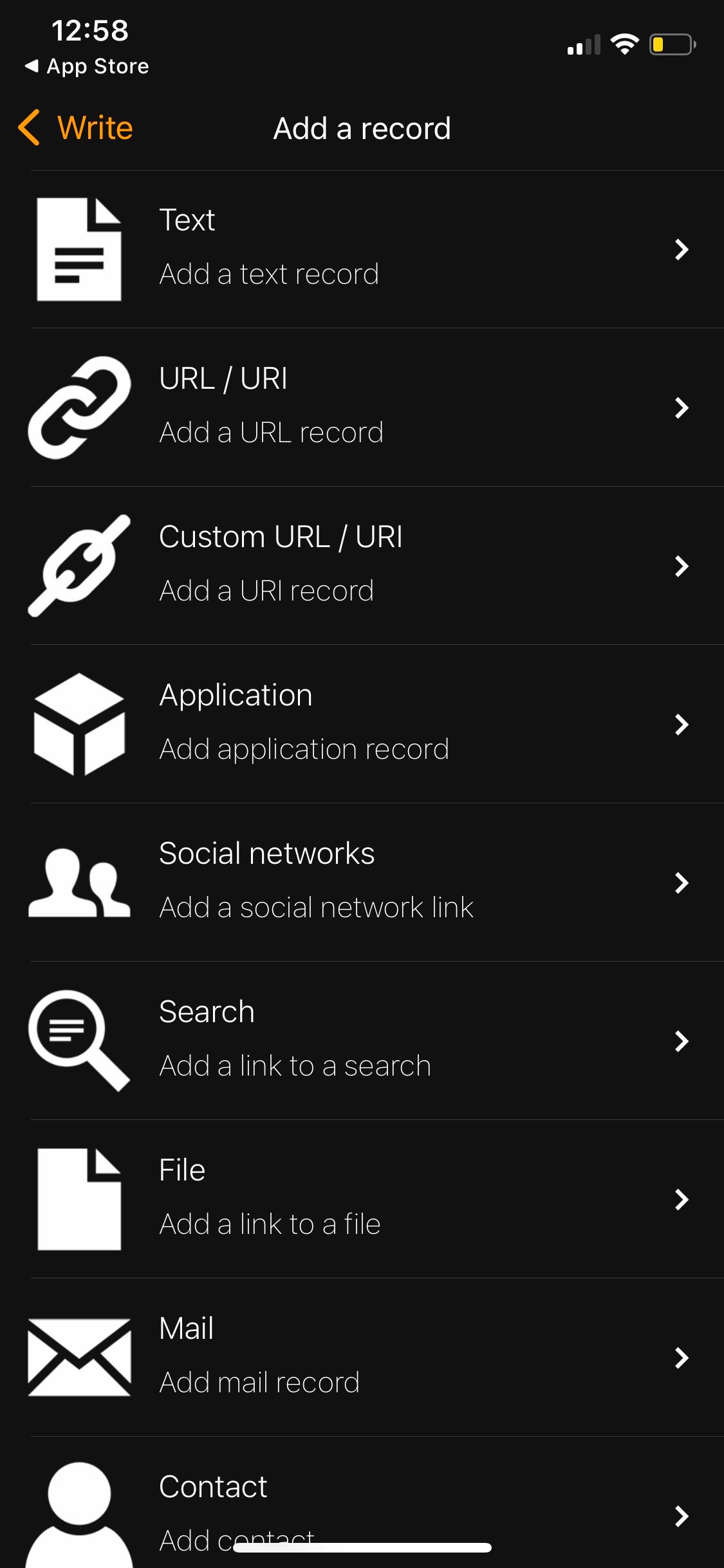 Скриншот опций записи в NFC Tools, включая добавление URL/URI.