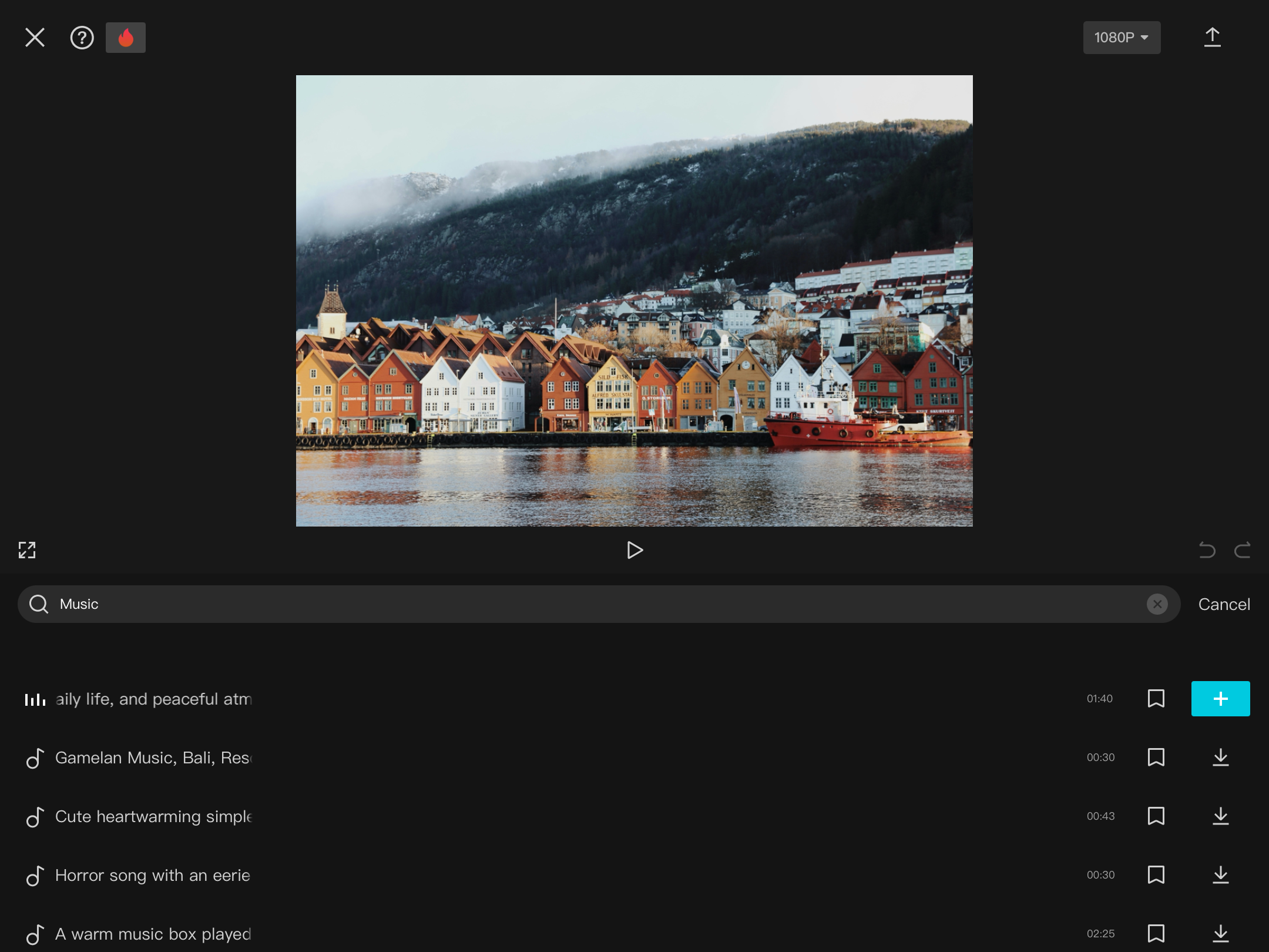 Нажмите + чтобы добавить музыку в проект CapCut