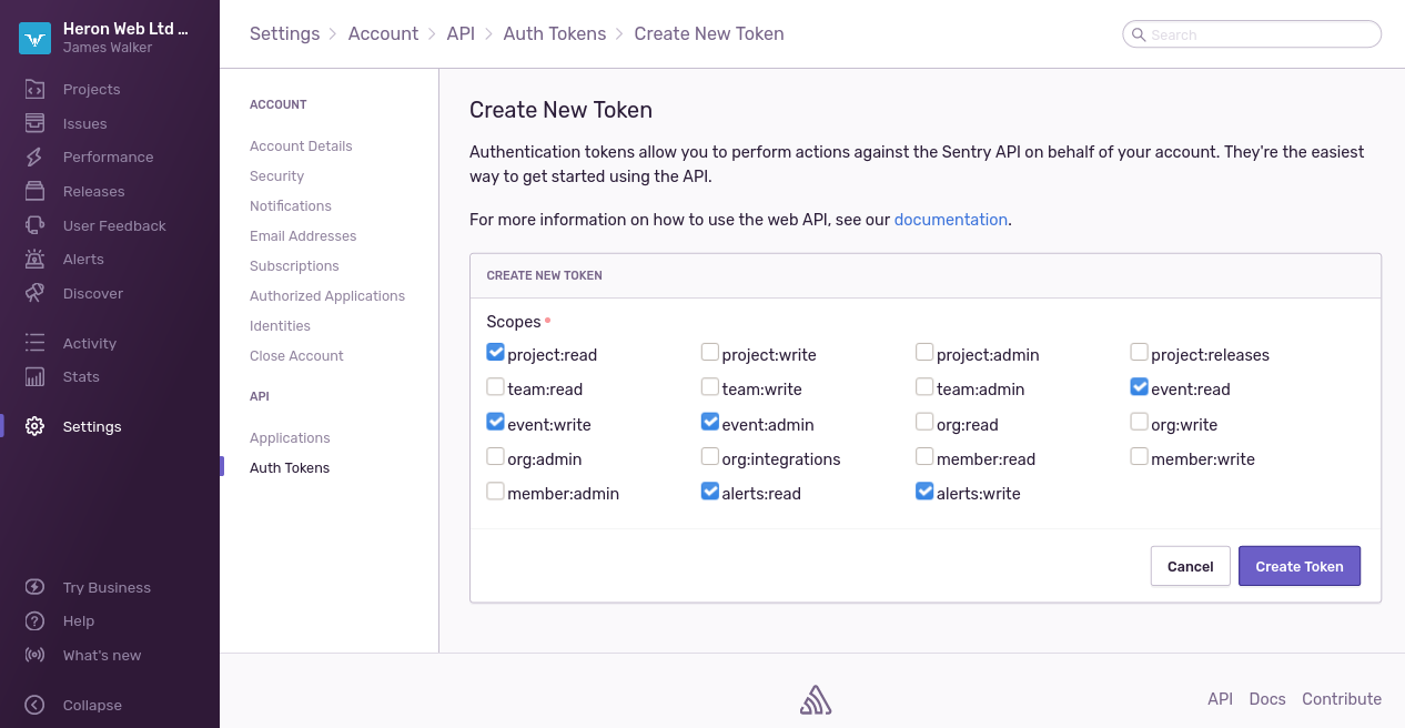 Скриншот настройки областей токена в Sentry