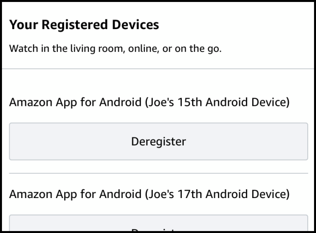 Список зарегистрированных устройств в мобильном приложении Prime Video