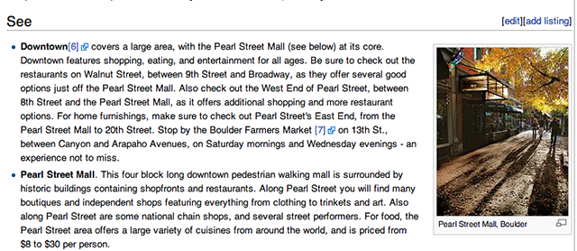 Страница WikiTravel о Боулдере с разделами по культуре и достопримечательностям