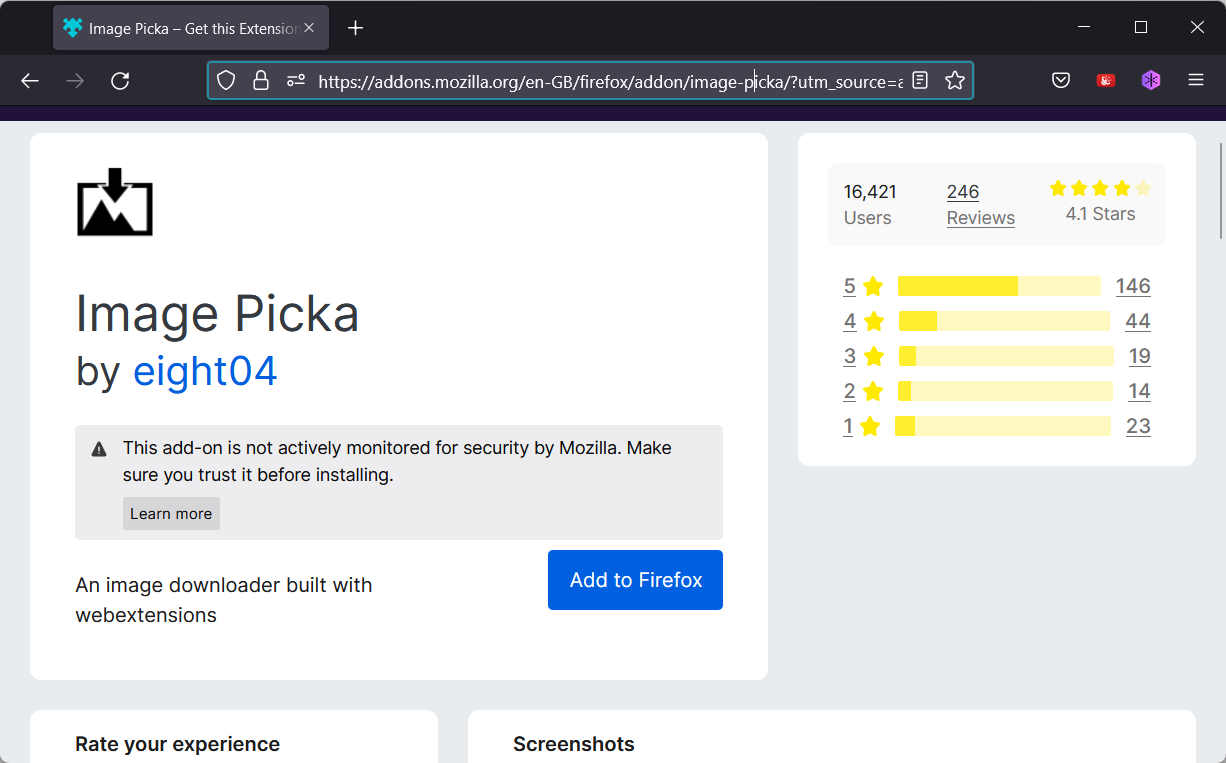 Image Picka — страница дополнения для Firefox