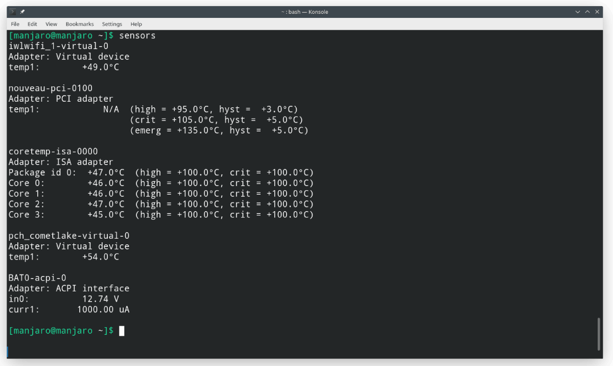 Скриншот вывода lm-sensors с показаниями температуры CPU