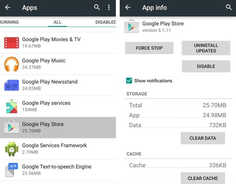 Очистить данные и кеш Google Play Store