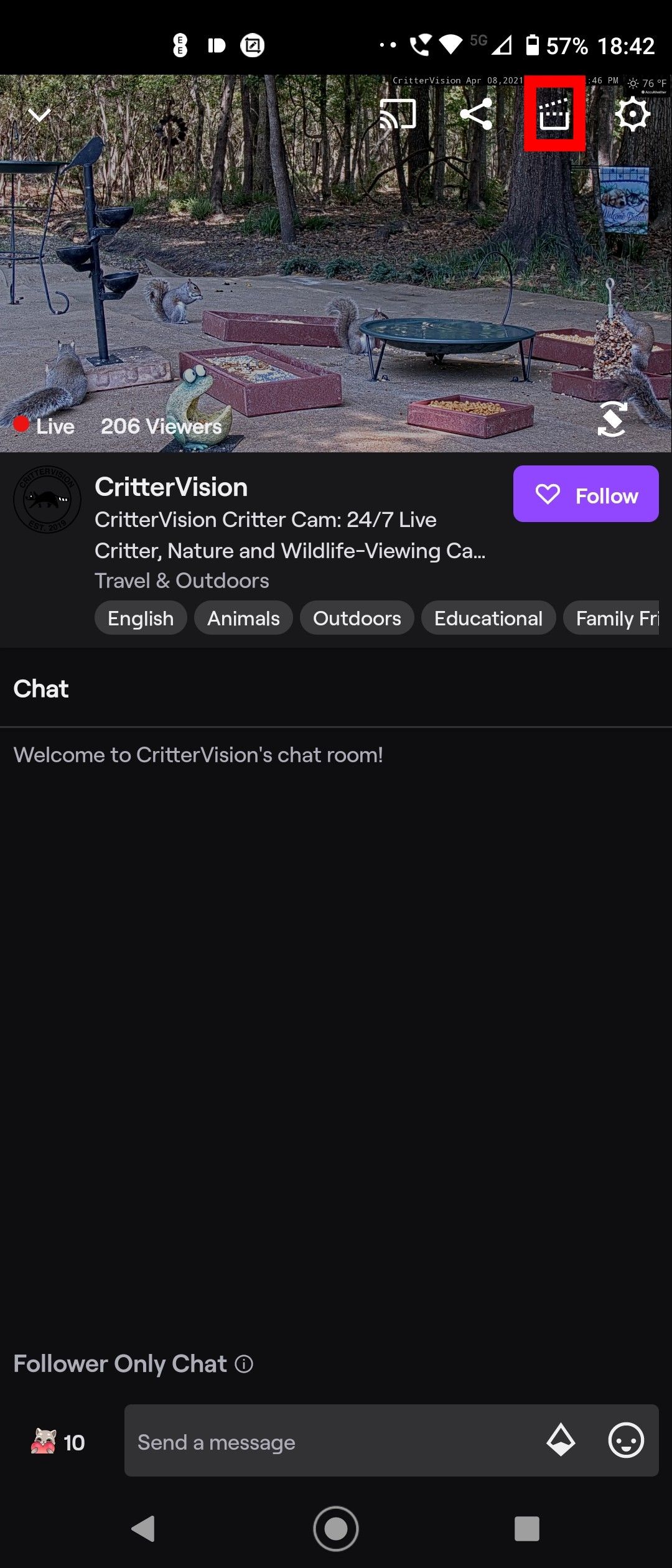 Создание клипа в приложении Twitch: касание по плееру