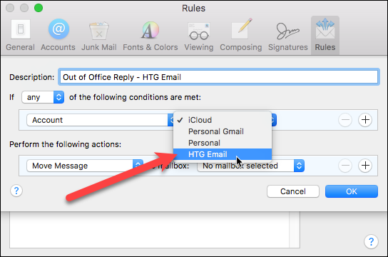 Выбор аккаунта для применения правила