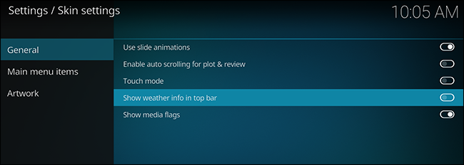 Общие параметры скина Estuary: температура, анимации, флаги медиа