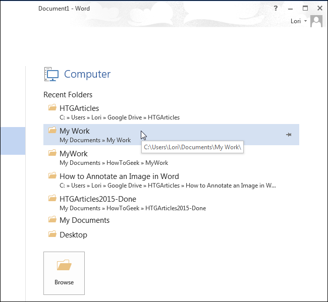 Выбор недавней папки или кнопка «Обзор»