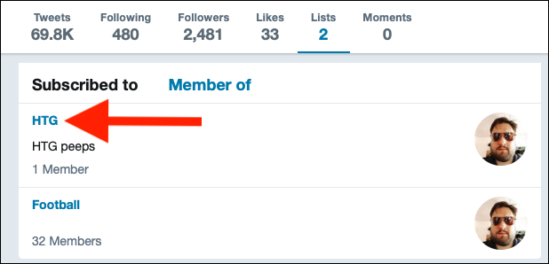 Список аккаунтов в интерфейсе Twitter — выбранный список открыт