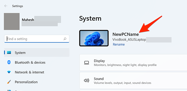Имя ПК в приложении Параметры Windows 11.