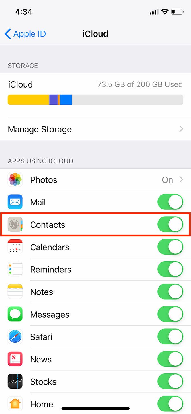 Переключатель iCloud для контактов на iPhone