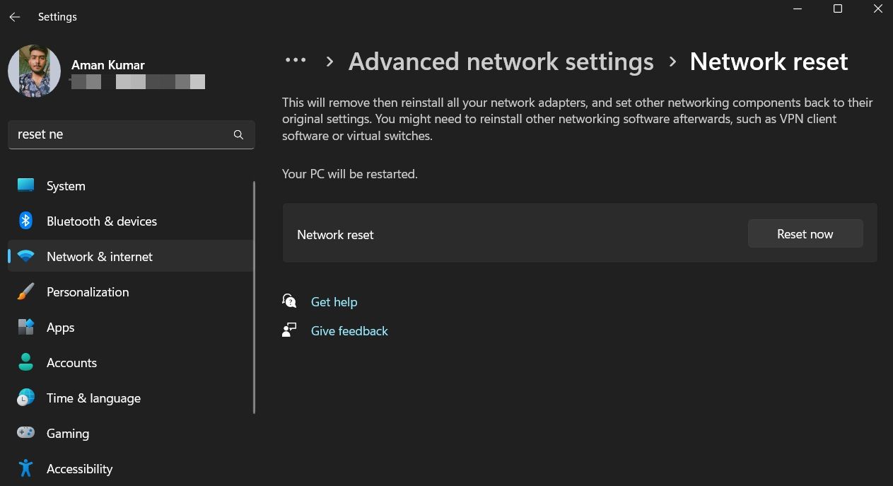 Кнопка Сбросить сейчас в параметрах сети