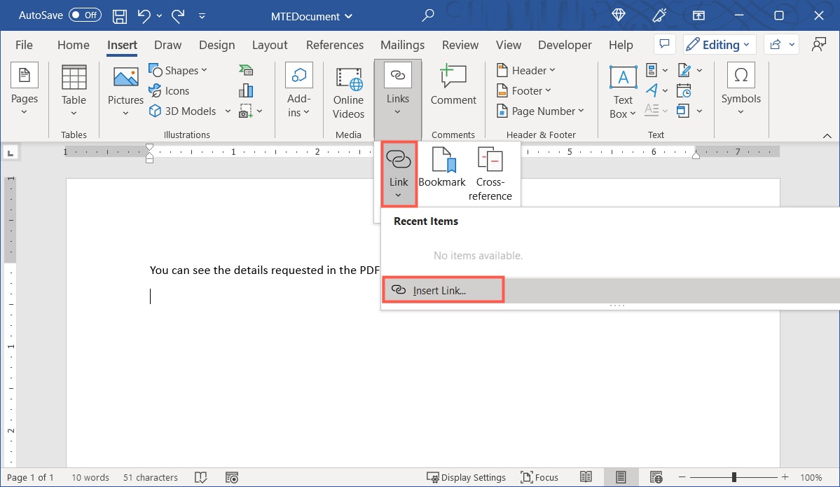 Меню Вставить ссылку в Word