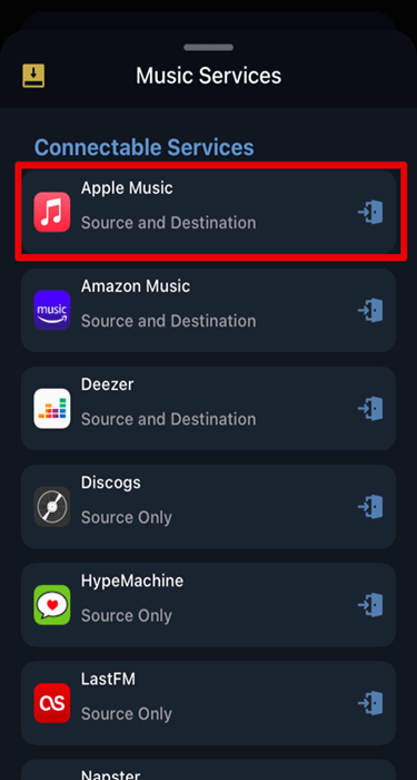 Выбор Apple Music как назначения в SongShift