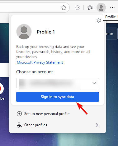Значок профиля в Microsoft Edge в правом верхнем углу
