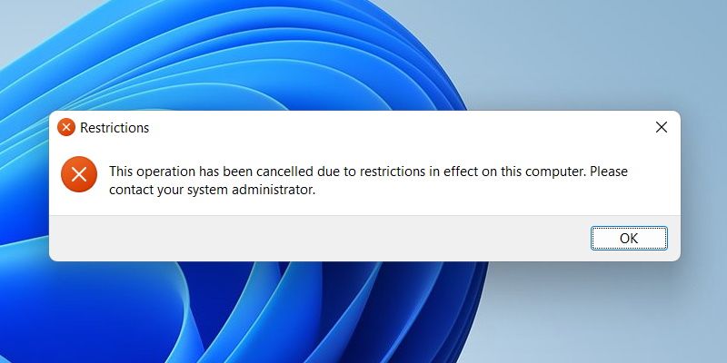 Сообщение об ошибке при попытке открыть Панель управления после её отключения