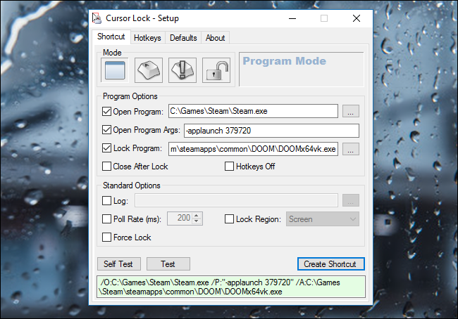 Настройки Cursor Lock с параметрами Lock Program и Open Program Args