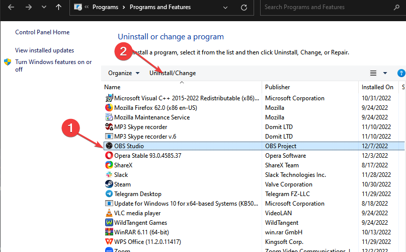 Удаление OBS через список приложений