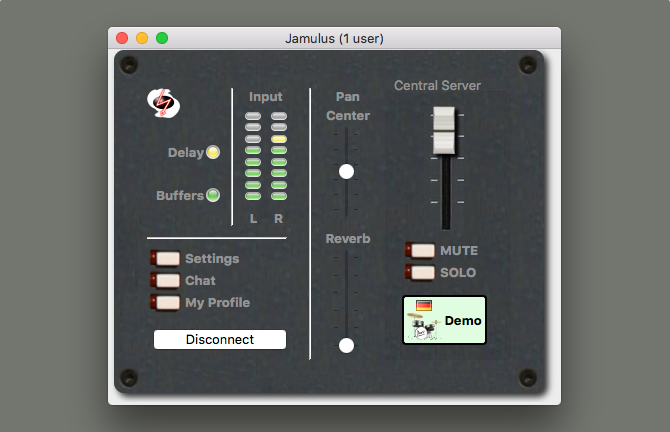 Окно Jamulus с настройками сервера и уровнями