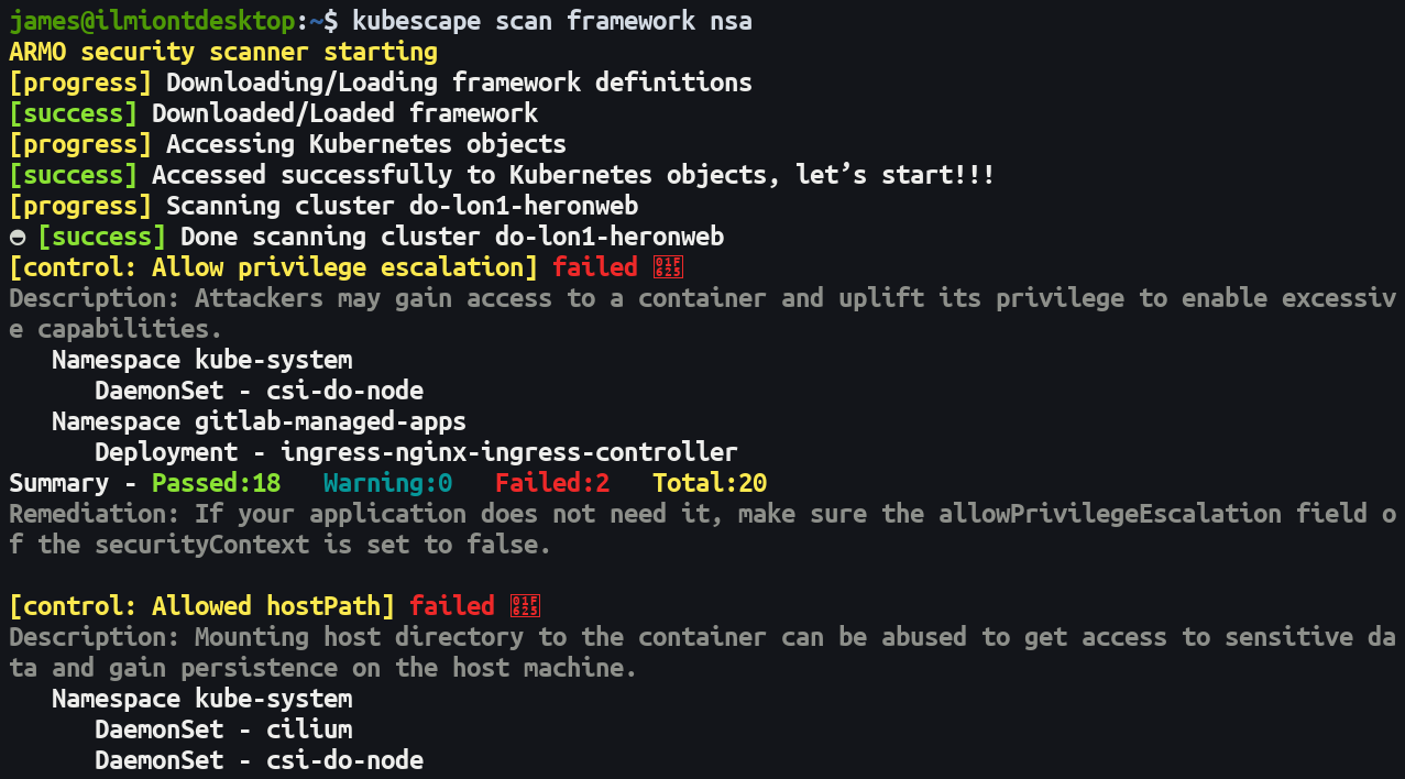 Скриншот отчёта Kubescape с таблицей результатов