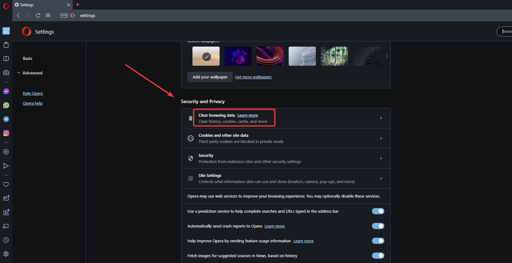 В разделе безопасность и конфиденциальность нажмите очистить данные браузера