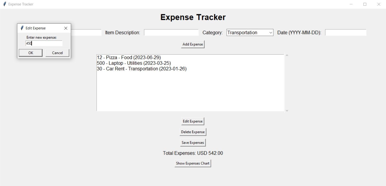 Выбор и редактирование записи расходов