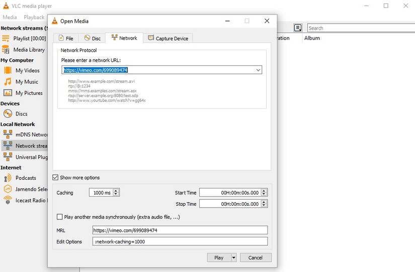 интерфейс VLC при работе с сетевыми потоками